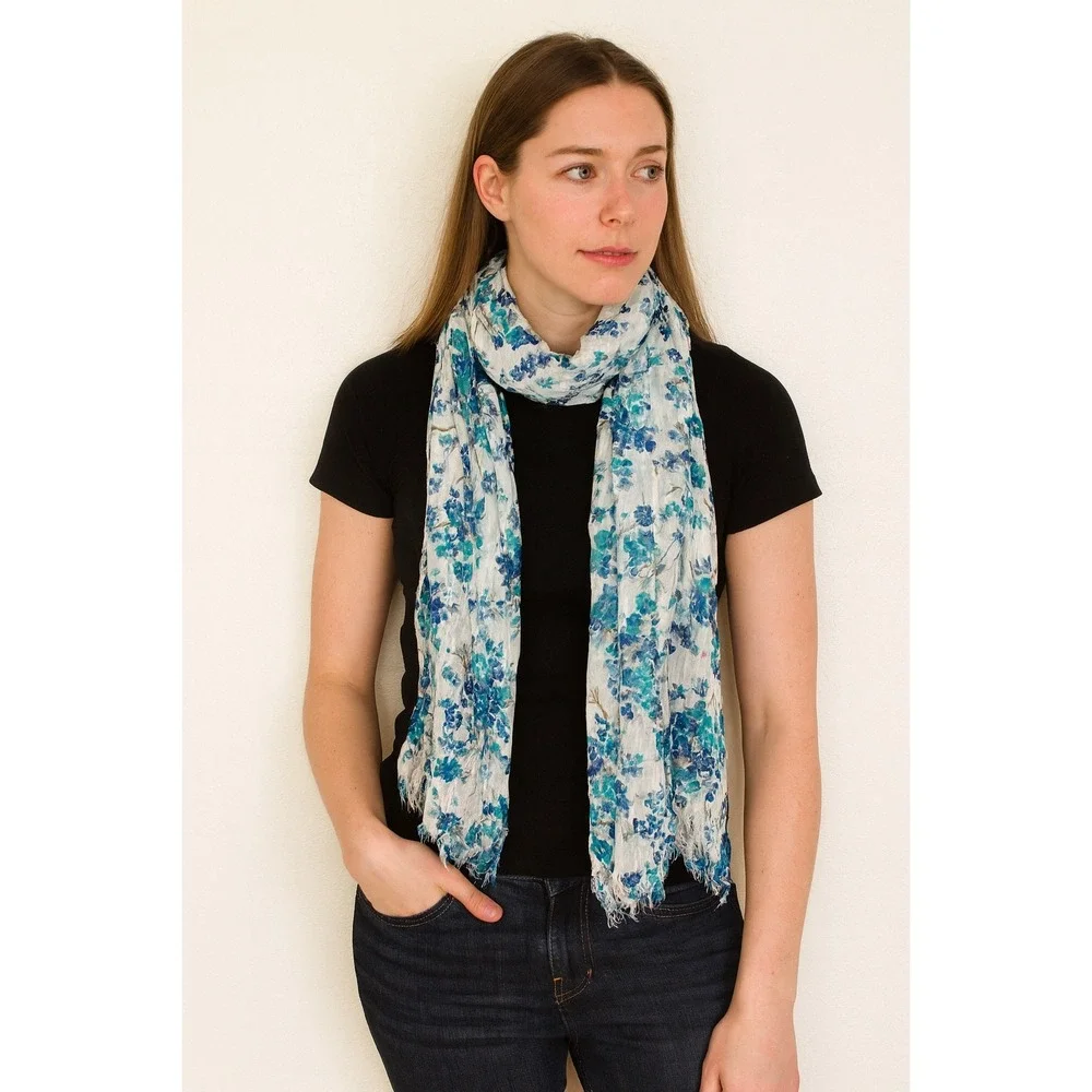 Floral Scarf‎ Lightweight White Blue Teal Summer Spring Shawl Wrap